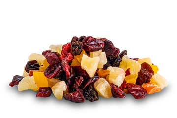Pile of various dried tropical fruit isolated on white background with clipping path.