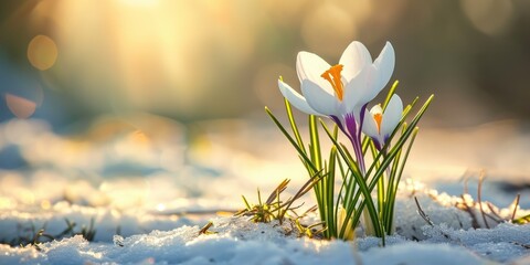 crocus spring flower in snow with morning sunlight - obrazy, fototapety, plakaty