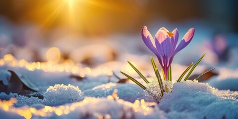 crocus spring flower in snow with morning sunlight