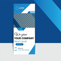 Creative blue roll up banner design template fir company promotion. A4 flyer, poster, banner, leaflet and free illustration	