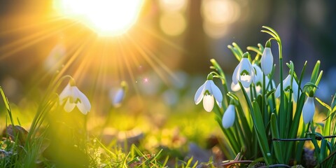 beautiful snowdrop flowers in morning sunlight spring - 708972263