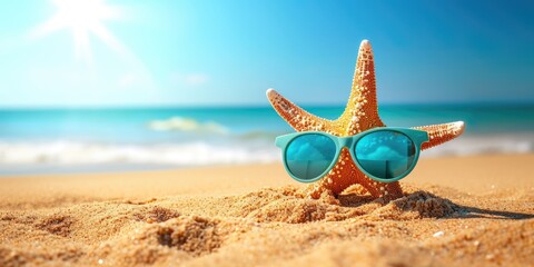 Fototapeta na wymiar summer holiday tropical beach concept background, starfish with sunglasses