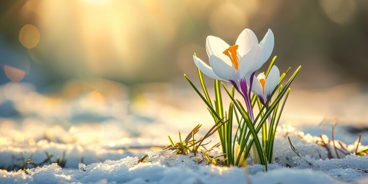 Fototapeta crocus spring flower in snow with morning sunlight