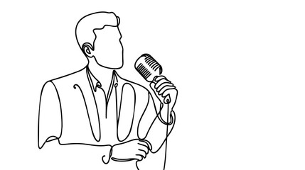 Young man singing in a retro microphone. Continuous one line drawing. Vector illustration