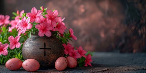 Easter banner with colorful eggs and flowers, AI generated