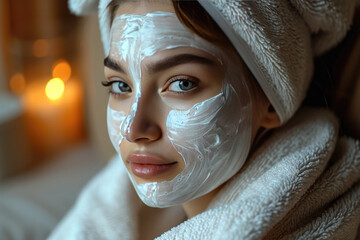 Beauty close up portrait of young woman with a healthy glowing skin is applying a skincare product.
