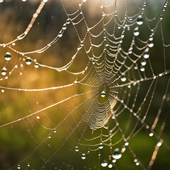 Spinnennetz voller Tau Regentropfen, wie Wasser Perlen an einer Schnur im warmen Sonnenlicht, Nahaufnahme filigraner natürlicher Schönheit die Spinnen bauen fangen Fliegen Netz glitzernd wie Fäden