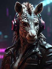 Fototapeta na wymiar Cyberpunk Zebra in Leather and Headphones by Alex Petruk APe ai generated