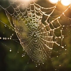 Spinnennetz voller Tau Regentropfen, wie Wasser Perlen an einer Schnur im warmen Sonnenlicht, Nahaufnahme filigraner natürlicher Schönheit die Spinnen bauen fangen Fliegen Netz glitzernd wie Fäden