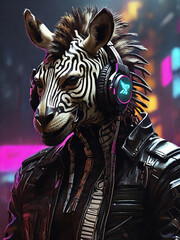 Fototapeta na wymiar Cyberpunk Zebra in Leather and Headphones by Alex Petruk APe ai generated