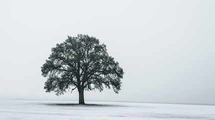 a lone tree stands alone in the middle of a snow - covered field in the middle of a foggy, overcast, and overcast day - filled sky.