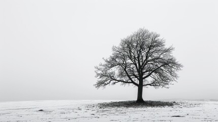  a black and white photo of a lone tree in the middle of a snow covered field with no leaves on the branches and no leaves on the top of the branches.
