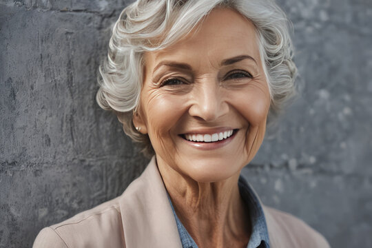 Portrait of beautiful older woman smiling and standing by gray wall. A place for text, a banner for advertising.