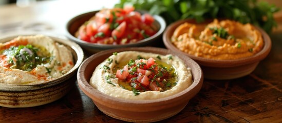 Mediterranean assortment with pita, hummus, tomato dip, and baba ganoush.