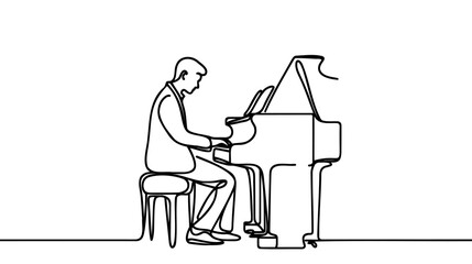 One continuous line male pianist playing classic grand piano on music concert theater festival.