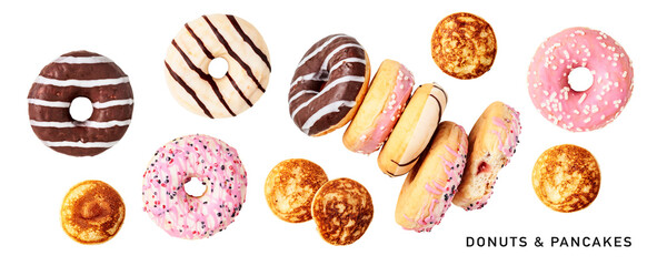 Different donuts and pancakes collection isolated. PNG with transparent background. Flat lay. Design element. Without shadow.
