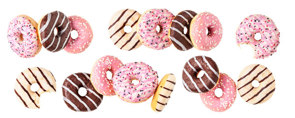 Different donuts collection isolated. PNG with transparent background. Flat lay. Design element. Without shadow.