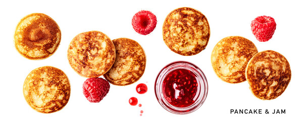 Pancakes and raspberry jam collection isolated. PNG with transparent background. Flat lay. Design element. Without shadow.
