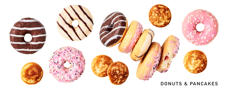 Different donuts and pancakes collection isolated. PNG with transparent background. Flat lay. Design element. Without shadow.