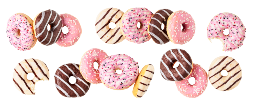 Different donuts collection isolated. PNG with transparent background. Flat lay. Design element. Without shadow. - Powered by Adobe