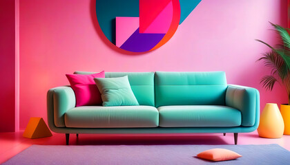 Vibrant sofa in room with abstract geometric shapes. Postmodern Memphis style interior design of...