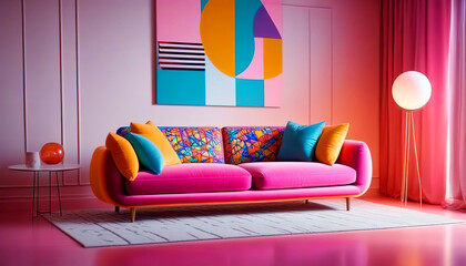 Vibrant sofa in room with abstract geometric shapes. Postmodern Memphis style interior design of modern living room