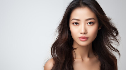 Obraz premium A portrait of a young woman with long, flowing dark hair, soft makeup, and a neutral expression against a light background