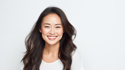 Obraz premium Exuberant Asian woman with a beaming smile and flowing hair, wearing a white tee against a white background
