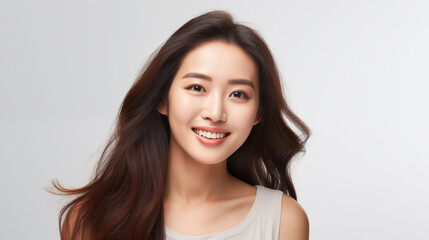 A close-up of a beaming young woman with flowing brown hair and a casual top, against a soft gray background