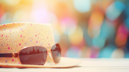 A stylish summer hat paired with trendy sunglasses on a vivid, bokeh-light adorned background suggesting summer and vacation vibes.