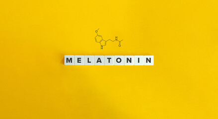 Melatonin Word and 2d Structural Formula. Block Letter Tiles on Yellow Background. Minimalist Aesthetics. - obrazy, fototapety, plakaty