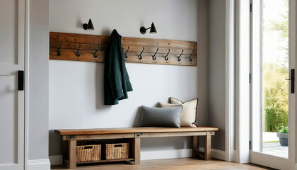 Wall-mounted coat rack above rustic bench. Farmhouse interior design of modern entrance hall