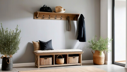 Wall-mounted coat rack above rustic bench. Farmhouse interior design of modern entrance hall