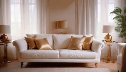 White fabric sofa and brass decor pieces. Interior design of cozy living room