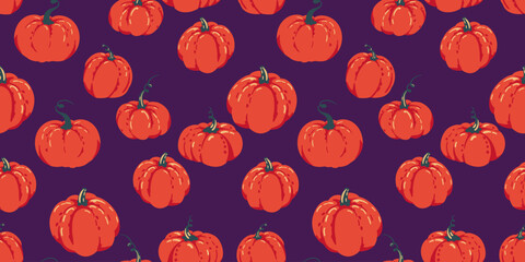 Colorful autumn pumpkins seamless pattern on a dark violet background. Creative stylized printing. Vector hand drawn sketch. Perfect for fall, Thanksgiving, Halloween, holidays. Template for design