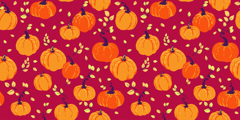 Seamless pattern with abstract, cute, autumn, simple pumpkins. Vector hand drawn pumpkin print. Perfect for fall, Thanksgiving, Halloween, holidays. Template for design
