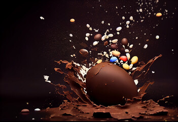 Dark chocolate easter egg splash tasty easter egg background.