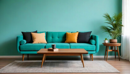 Wooden coffee table near turquoise sofa against wall with frame. Mid-century, retro, vintage style home interior design of modern living room - obrazy, fototapety, plakaty