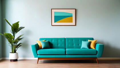 Wooden coffee table near turquoise sofa against wall with frame. Mid-century, retro, vintage style home interior design of modern living room