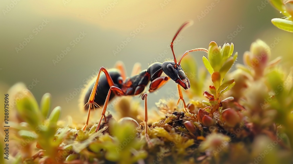 Poster a couple of ants standing on top of a patch of green and red moss covered in tiny green and red leav