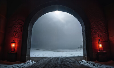 view of the hopeless snow cover from a dark arch illuminated by red lanterns