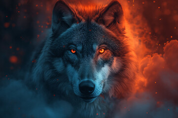 Wolf Enveloped in a Dance of Flames and Icy Blues - obrazy, fototapety, plakaty