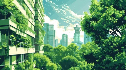  a painting of a city with tall buildings and trees in the foreground, and a lush green forest in the foreground, with a blue sky in the background.