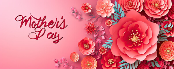 "Mothers day" greeting card design with beautiful blossom flowers made in papercut craft style