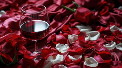 a glass of red wine sitting on top of a bed of red and white petals on a bed of red and white petals with a single rose in the middle of the glass.