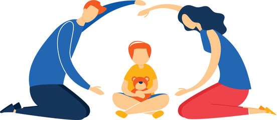Family playing together, parents creating a home shape over child. Child holding teddy bear, concept of loving home. Happy family and childhood memories vector illustration.
