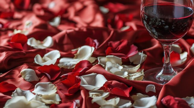  a glass of red wine sitting on top of a bed of red and white rose petals on a bed of red and white petals on a bed of red cloth.
