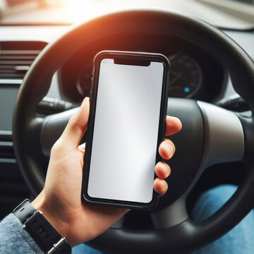 Driver holding phone transparent in hand with white screen on steering wheel background. ai generative