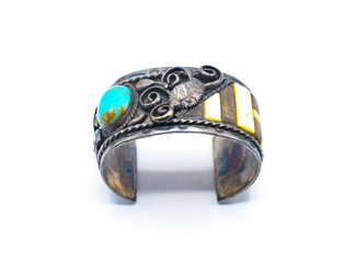 Vintage Silver Native American Turquoise stone Cuff Bracelet with bone mother of pearl rectangle...