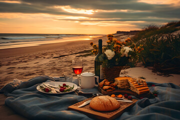 Picnic prepared on the beach at sunset